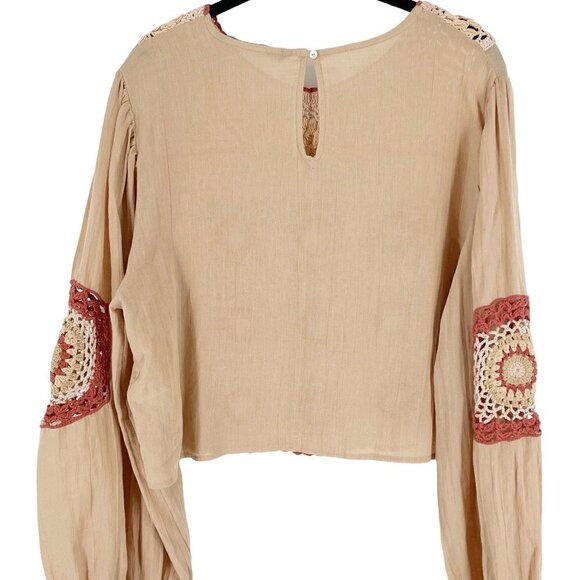 Zara Granny Square Crochet Medallion Front Full Sleeve Cropped Blouse Beige M - Picture 7 of 11